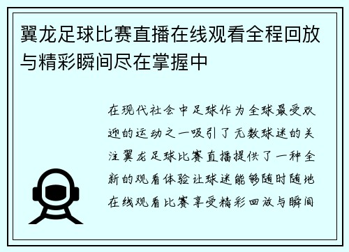 翼龙足球比赛直播在线观看全程回放与精彩瞬间尽在掌握中