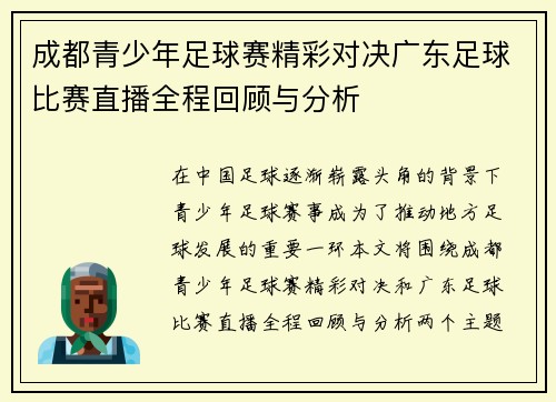 成都青少年足球赛精彩对决广东足球比赛直播全程回顾与分析